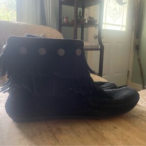 Minnetonka Black Suede Moccasin Boots with Fringe